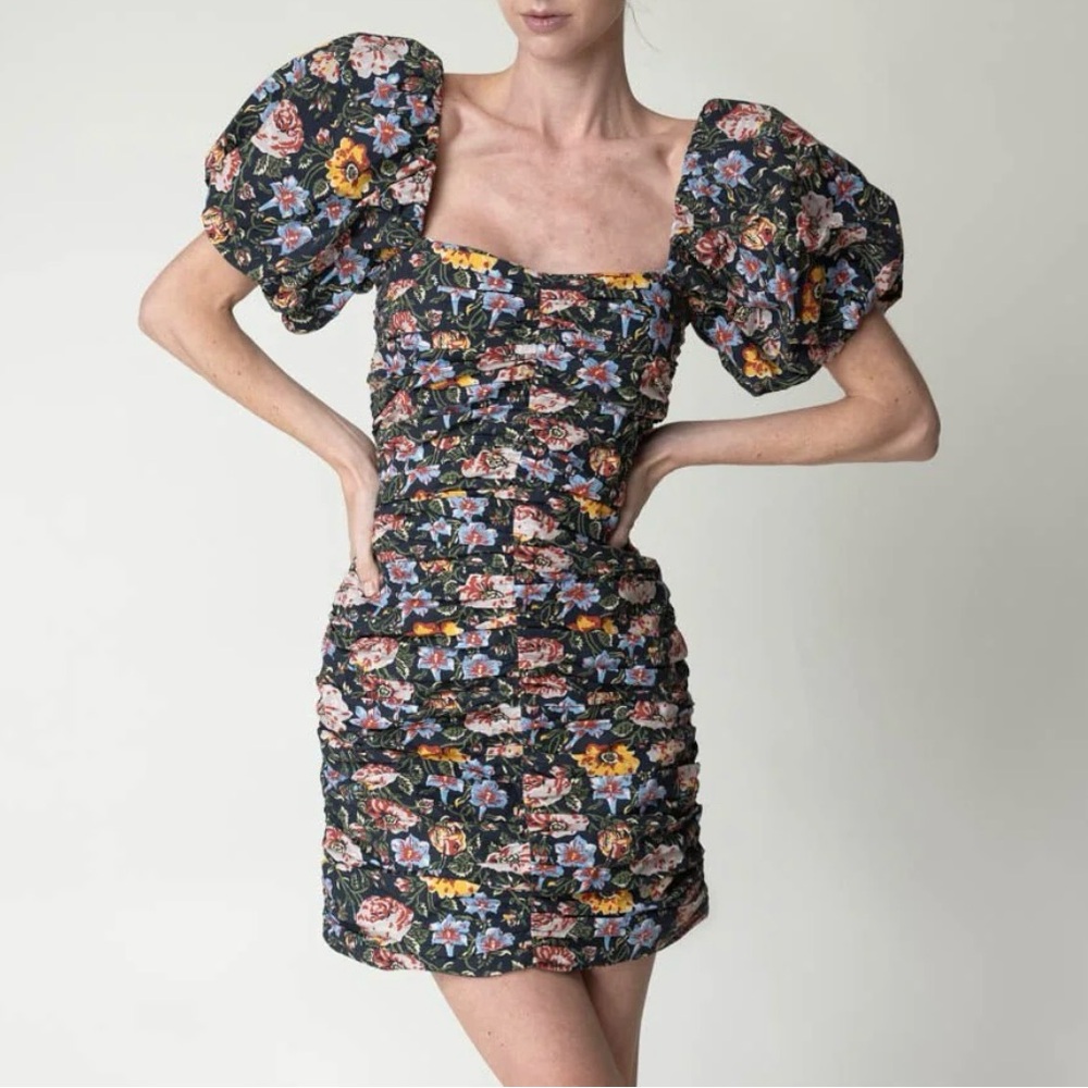 $450 NWT RHODE Suzette Ruched Puff Sleeve Mini Dress in Blossoming Canopy Sz 8